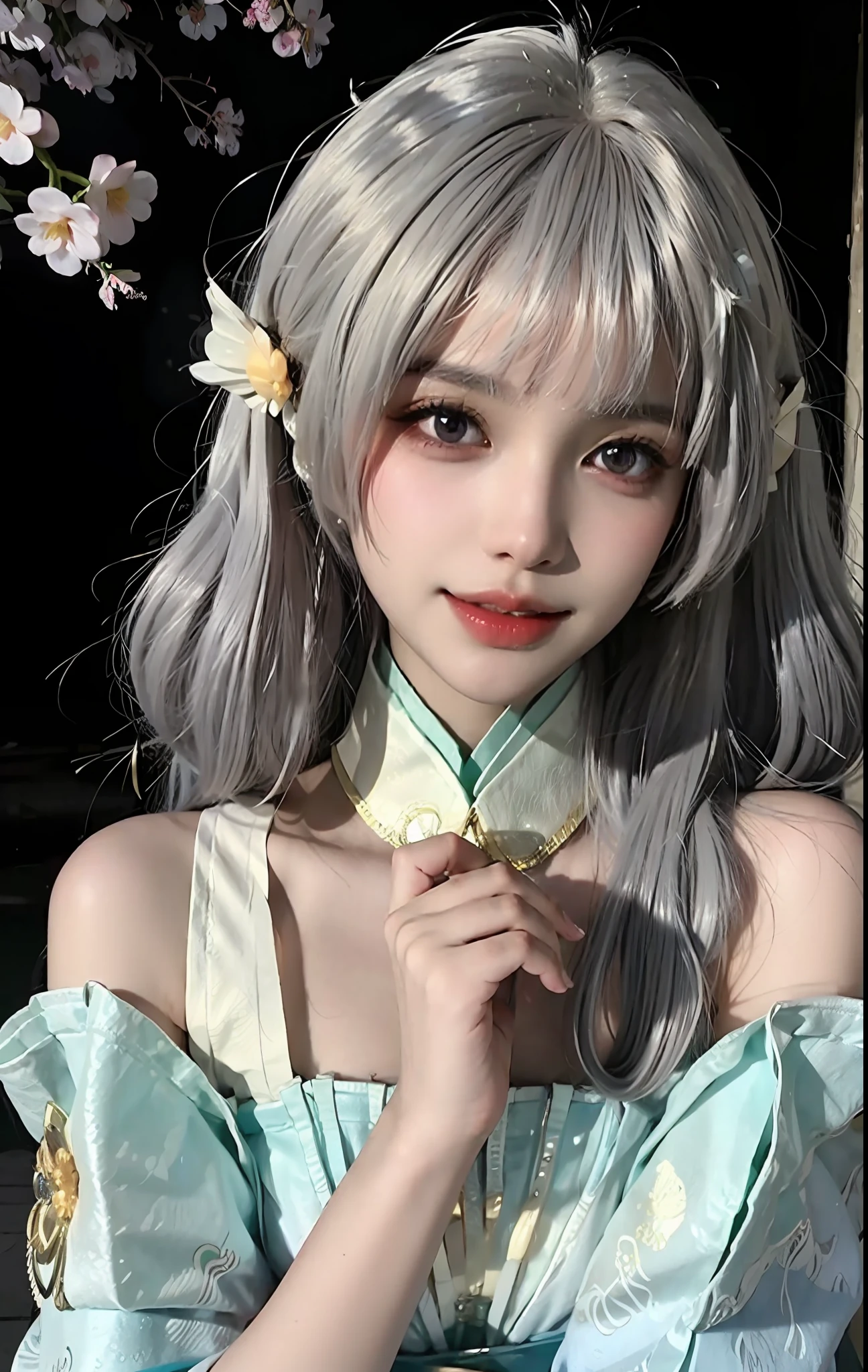 (ulzzang-6500-v1.1:0.8),(raw photo:1.2),((photorealistic:1.4)),(upper body),best quality,masterpiece, very delicate and beautiful, very detailed, CG, unity, 8k wallpaper , amazing, fine detail, masterpiece, best quality, official art, extremely detailed CG unity 8k wallpaper, ridiculous, unbelievably ridiculous, huge file size, super detailed, high resolution, very detailed, beautifully detailed girl, very detailed eyes and face, beautiful detailed eyes, light on the face, movie lighting, 1 girl, looking at the audience, east asian architecture, (blurred background: 1.2), cherry blossoms, lantern lights, depth of field,