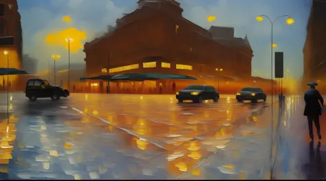 oil painting, in impressionist style, of a city in the rain, with cars passing by with lights on, and many reflections of light on the wet pavement, buildings and shops on the sides of the street