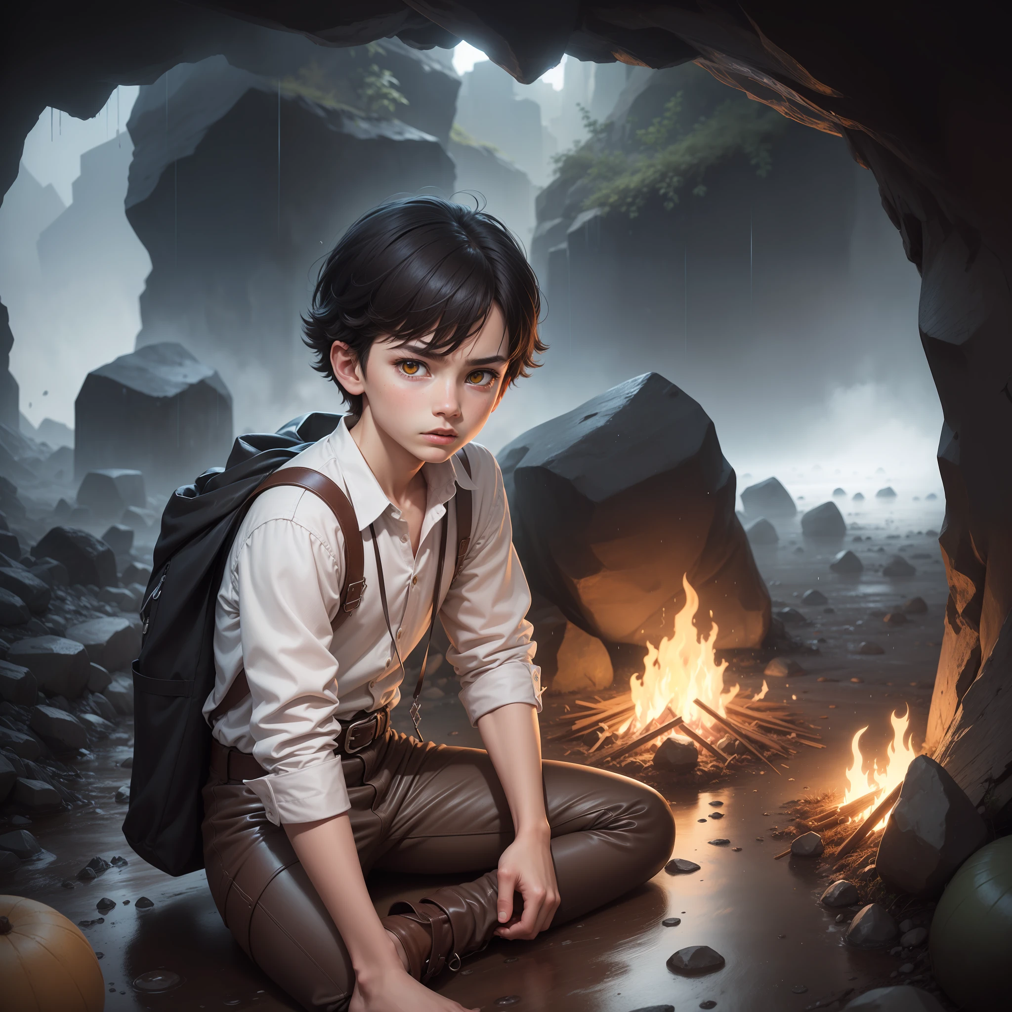 High quality realistic Anime style, high definition high quality realistic, shaded, photorealism, Ray tracing, 8k, uhd, masterpiece, small male kid (around 9yo) alone, young , peasent medieval clothes white shirt with belts and brown leather pants, dirty clothes, black hair, distinguish and strong colored yellow eyes, sitting holding his ones, with cold, on a crystal  cave, strong rain, dark mood, strong tempest, serious and lost expression. Stone cave surrounded by rain, bonfire, night time,