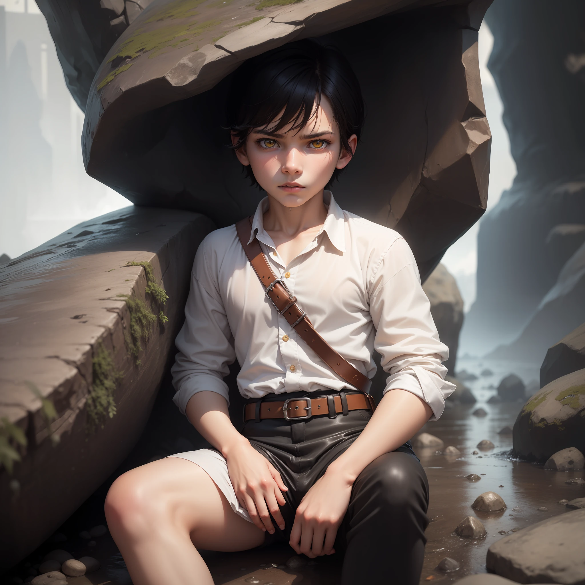 High quality realistic Anime style, high definition high quality realistic, shaded, photorealism, Ray tracing, 8k, uhd, masterpiece, small male kid (around 9yo) alone, young small body, peasent medieval clothes white shirt with belts and brown leather pants, dirty clothes, black hair, distinguish and strong colored yellow eyes, sitting holding his ones, with cold, on a crystal  cave, strong rain, dark mood, strong tempest, serious and lost expression. Stone cave surrounded by rain, bonfire, night time,