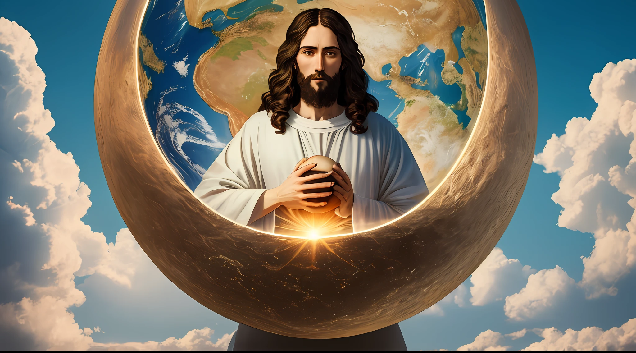 "Realistisches 8k-Meisterwerk mit perfekter Anatomie: Jesus Christus hält den Planeten Erde in einer Hand, mit einem unverformten Gesicht."