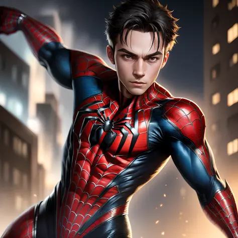 Boy, 6 years old, white, little hair, like spider man 8k, high resolution, detailed face, detailed face, detailed eyes, detailed costume, Marvel and DC style, hyper-realistic, + cinematic shooting + dynamic composition, incredibly detailed, sharp, detailed...