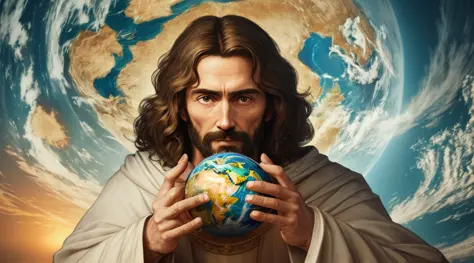 "Realistic 8k masterpiece with perfect anatomy: Jesus Christ holding planet Earth in one hand, with an undeformed face."