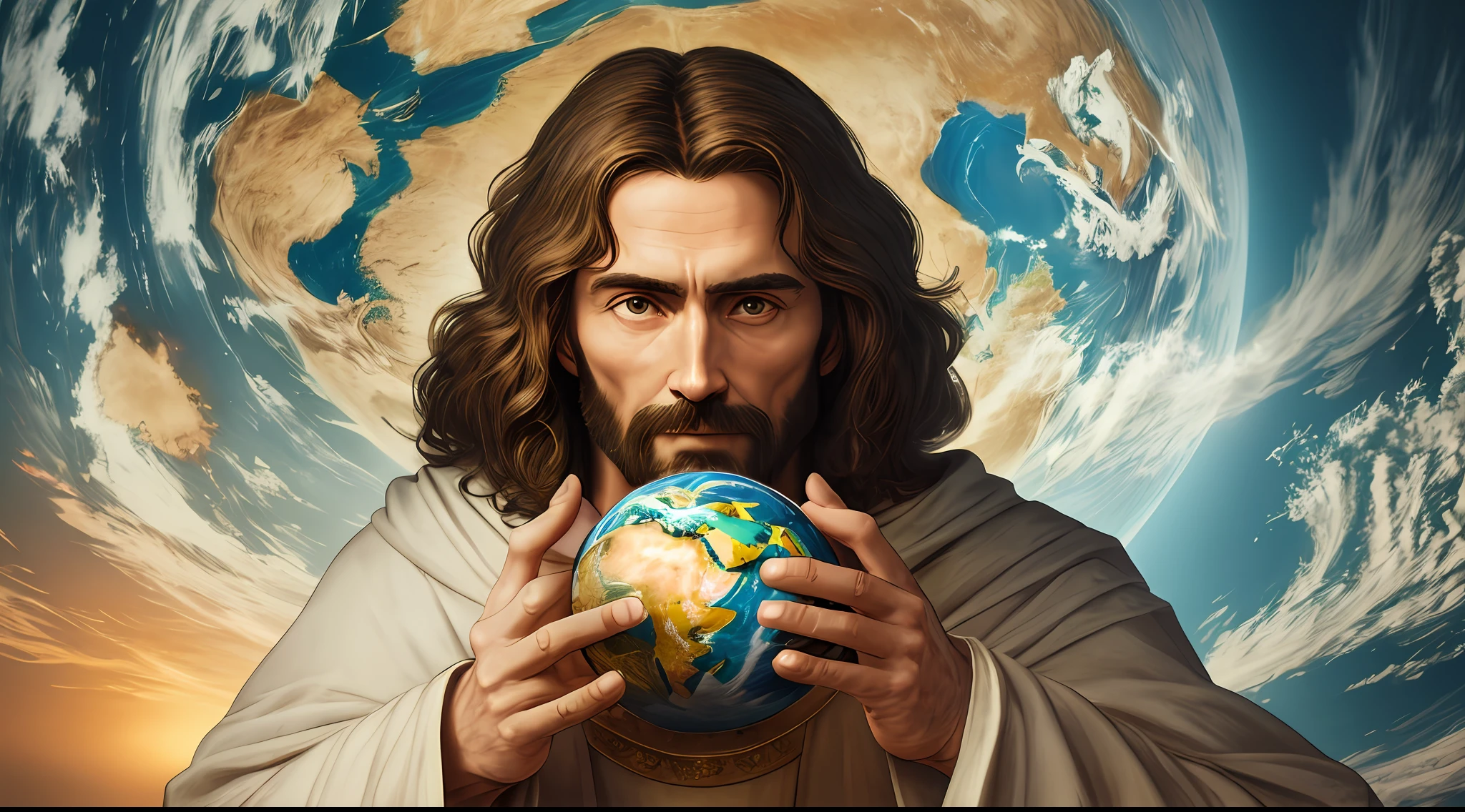 "تحفة واقعية بدقة 8K مع تشريح مثالي: يسوع المسيح يحمل كوكب الأرض بيد واحدة, مع وجه غير مشوه."