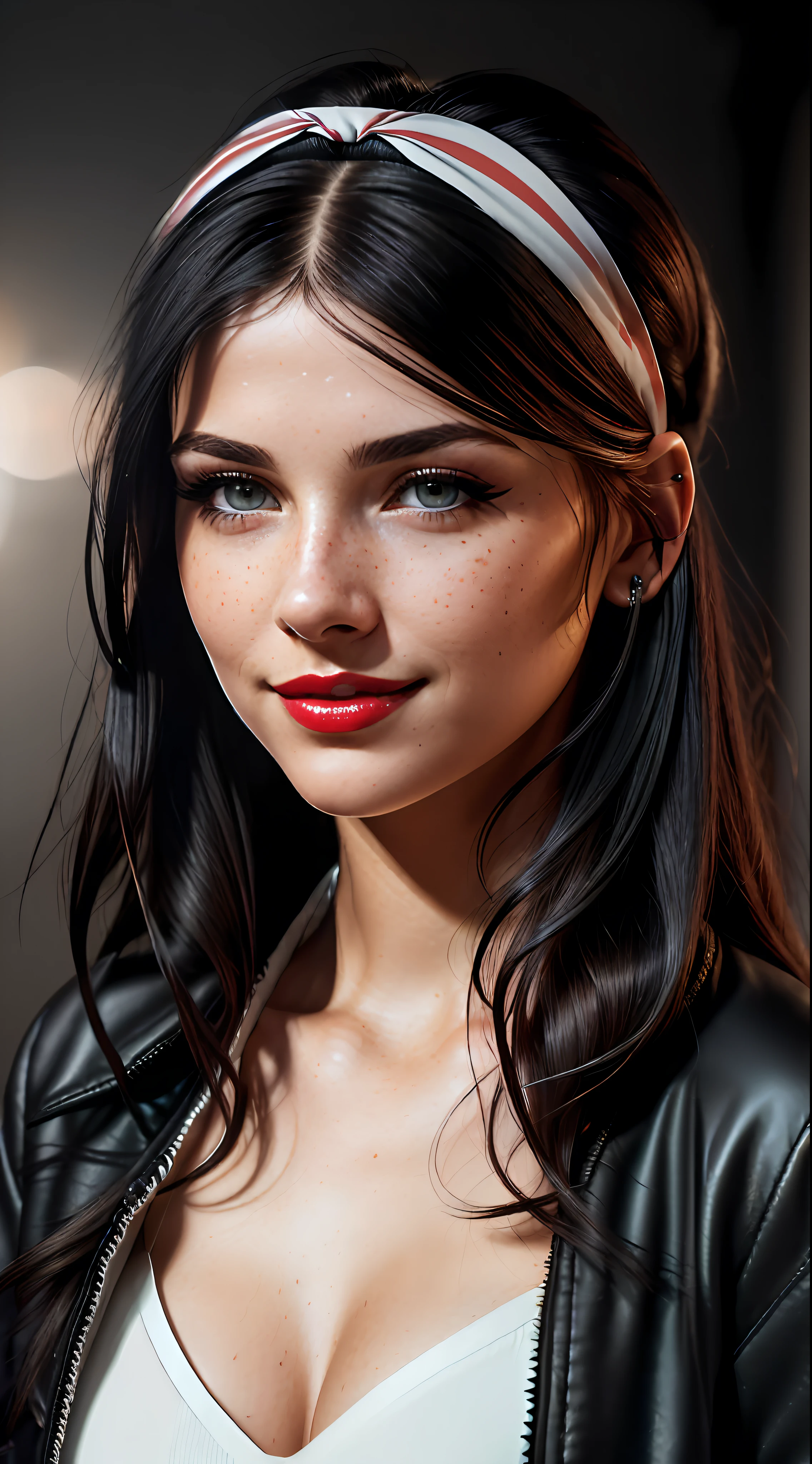 Photo of (sharp focus:1.2), attractive young woman, (beautiful face:1.1), detailed eyes, red lips, (eyeshadow:1.2), (winged eyeliner:1.2), (subtle smile:1.35), body freckles, (medium breasts:1.0), (toned body:1.2), (black hair:1.2), wearing (headband, open jacket:1.2) at (club:1.2). (dreamy lighting:1.2), depth of field, bokeh, 4K, HDR. by (James C. Christensen:1.2|Jeremy Lipking:1.1).