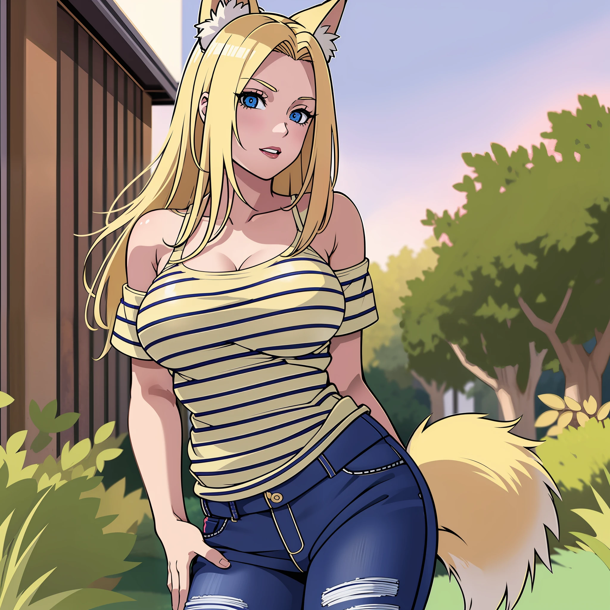 woman, fox ears blonde, blonde, fox tail blonde, big tits, striped shirt, jeans