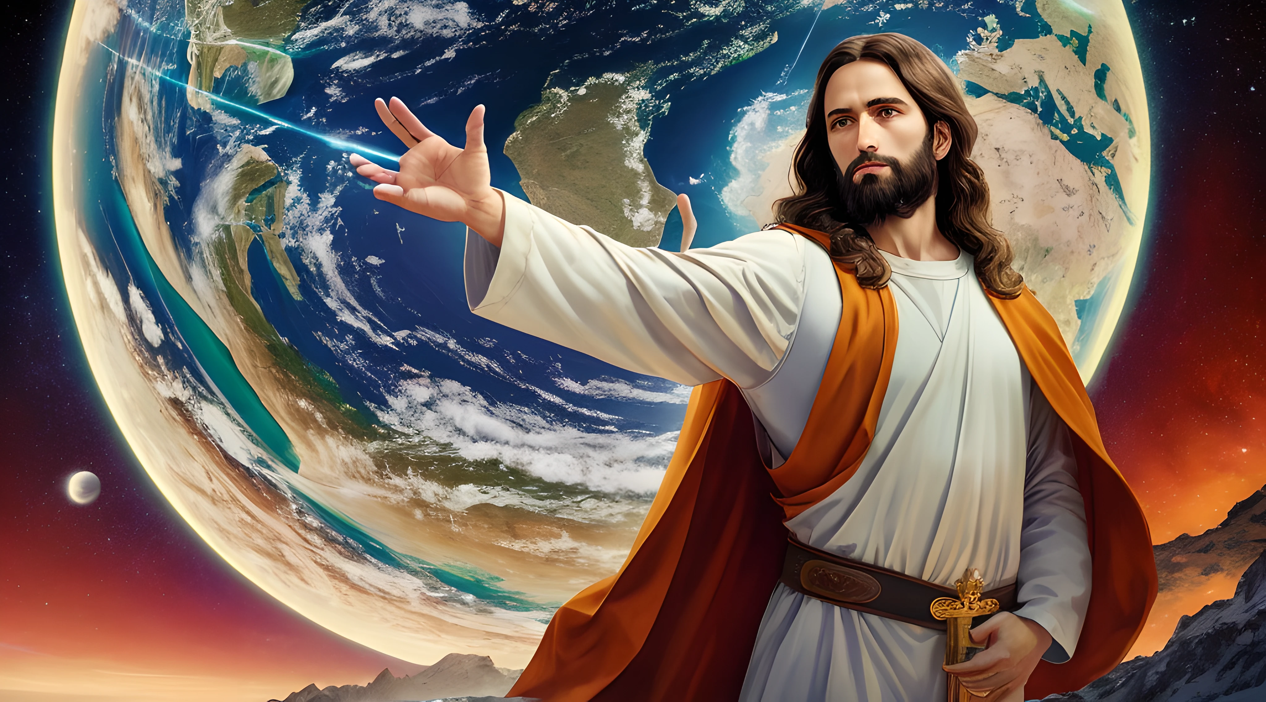 具有完美解剖结构的逼真 8k 杰作: 耶稣基督一手握着地球, 脸部完好