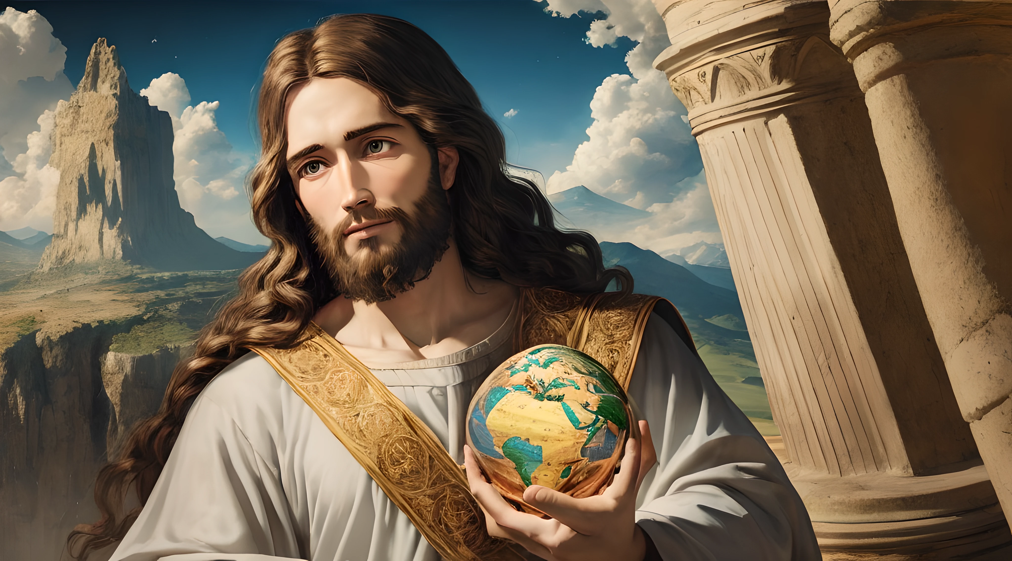 Realistisches 8k-Meisterwerk mit perfekter Anatomie: Jesus Christus hält den Planeten Erde in einer Hand, mit einem unverformten Gesicht
