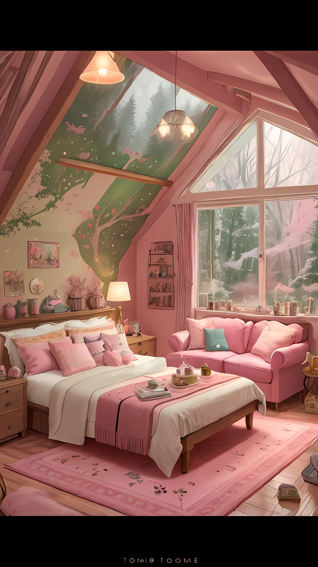 araffe room with a pink rug and a pink couch, in a candy land style house, brightly lit pink room, dreamy aesthetic, cozy aesthetic, cozy place, thomas kinkade. cute cozy room, soothing and cozy landscape, pink forest, cottagecore!!, cozy home background, with soft pink colors, cozy room, designed for cozy aesthetics!