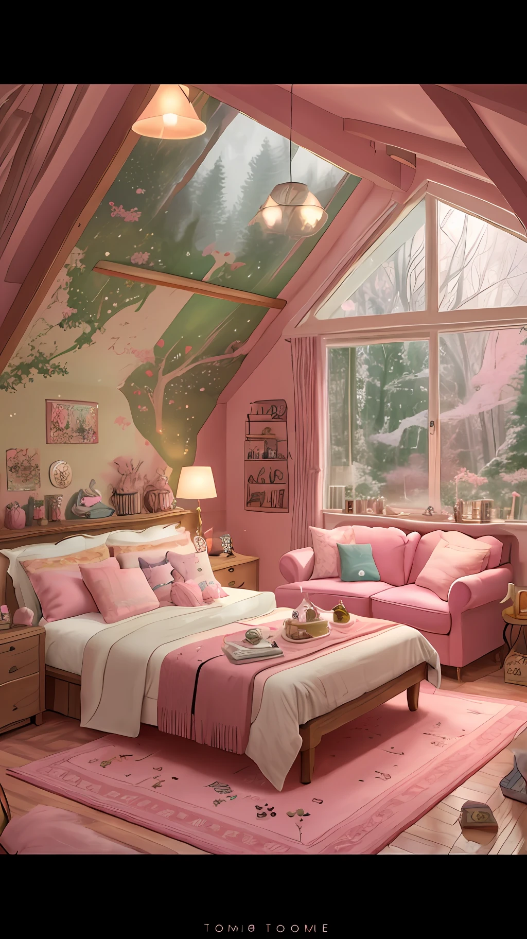 Habitación Araffe con una alfombra rosa y un sofá rosa, en una casa estilo tierra de dulces, habitación rosa muy iluminada, estética de ensueño, estética acogedora, lugar cómodo, Thomas Kinkade. cute habitación cómoda, paisaje relajante y acogedor, bosque rosa, cabaña!!, fondo hogareño acogedor, con colores rosas suaves, habitación cómoda, designed for estética acogedoras!