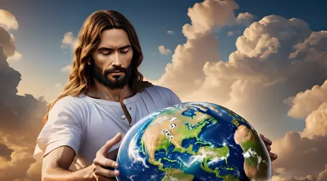 Realistic 8k masterpiece with perfect anatomy: Jesus Christ holding planet Earth in one hand, with an undeformed face