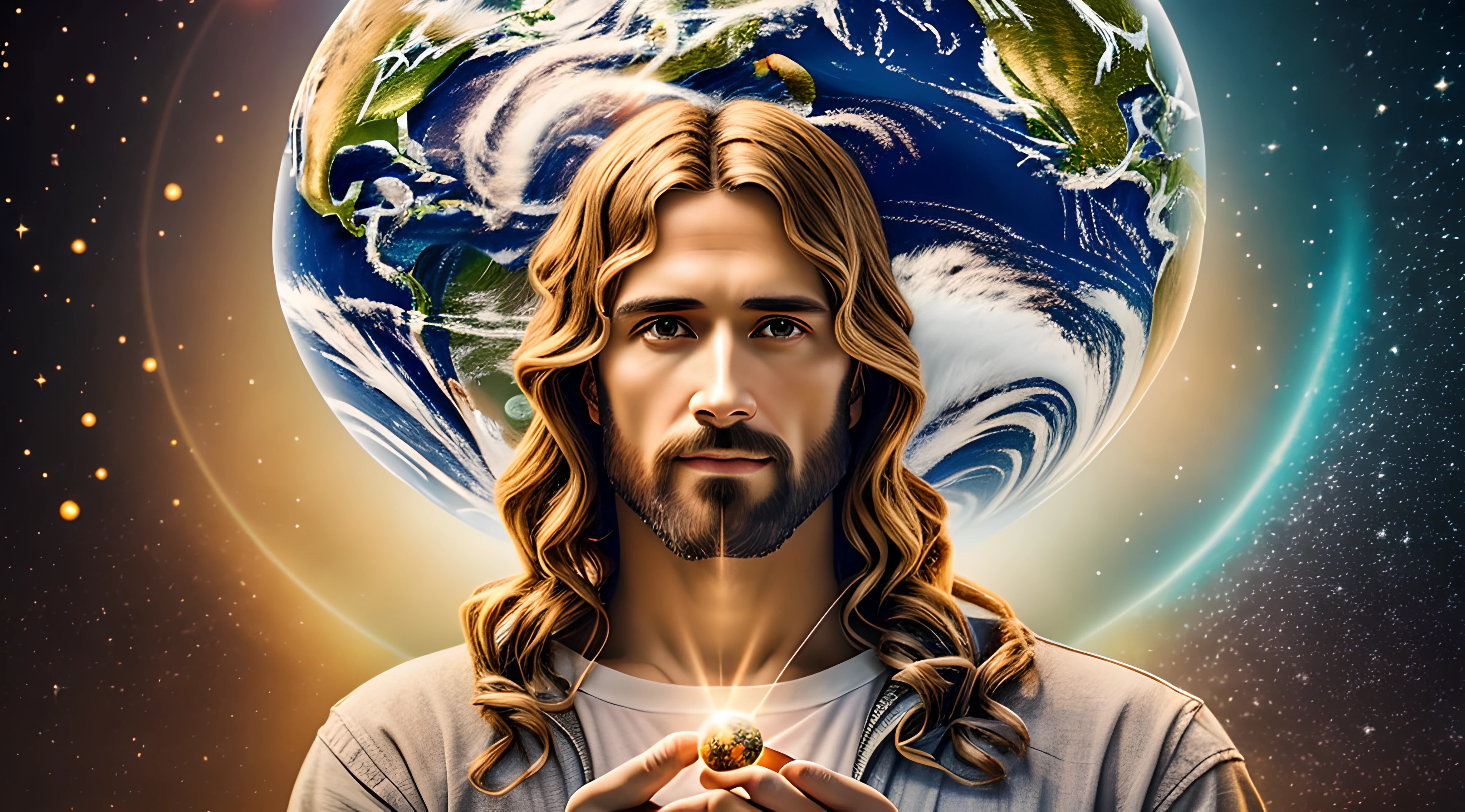 Realistisches Meisterwerk in 8k mit perfekter Anatomie: Jesus Christus hält den Planeten Erde in einer Hand, mit einem unverformten Gesicht, Filmische Beleuchtung, Tiefenschärfe, bokeh, Realismus, fotorealistisch, hyperRealismus, Professionelle Fotografie