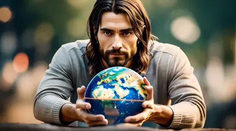 Realistic masterpiece in 8k with perfect anatomy: Jesus Christ holding planet Earth in one hand, with an undeformed face, cinematic lighting, depth of field, bokeh, realism, photorealistic, hyperrealism, professional photography