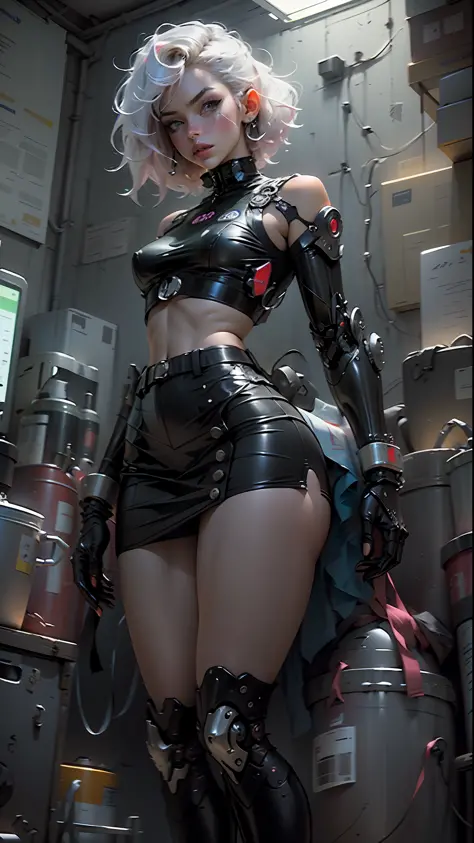 Definition of the woman's body cybernetic thick thigh, body parts, short skirt, latex