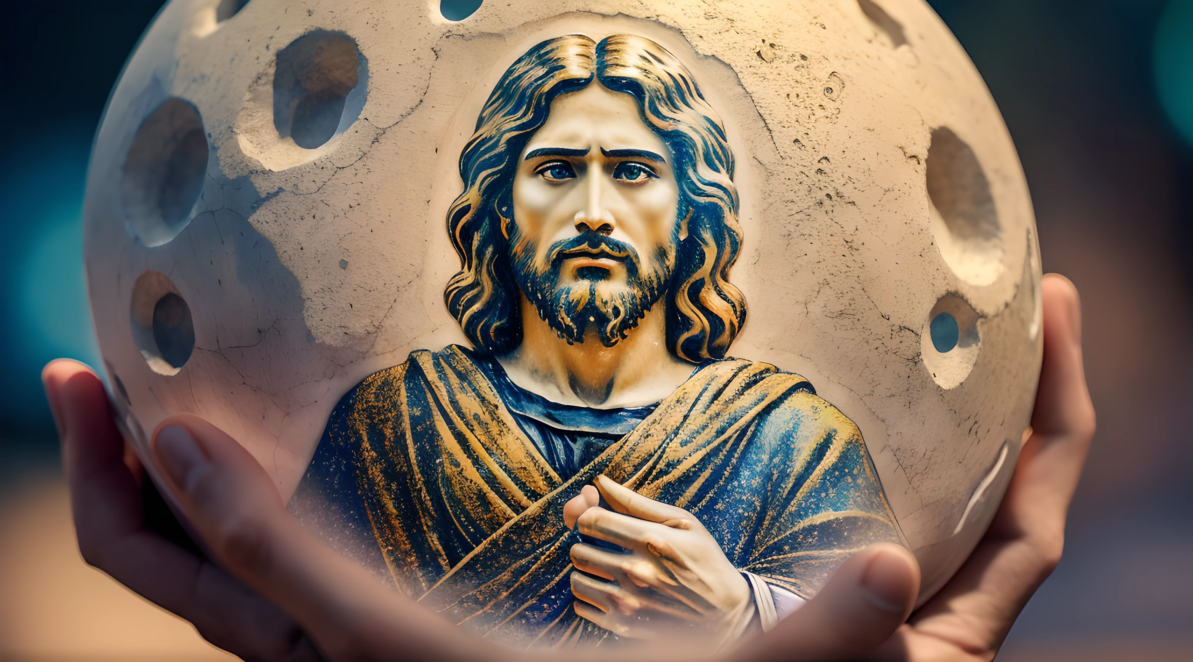 Realistisches Meisterwerk in 8k mit perfekter Anatomie: Jesus Christus hält den Planeten Erde in einer Hand, mit einem unverformten Gesicht, Filmische Beleuchtung, Tiefenschärfe, bokeh, Realismus, fotorealistisch, hyperRealismus, Professionelle Fotografie