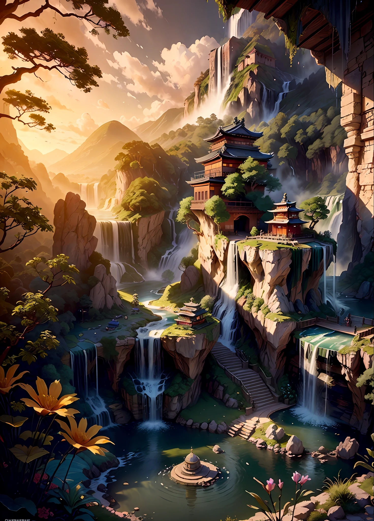 ((masterpiece)) picture of a fantastic valley scene evening time colorful sky,(orange colour theme),secret monastery in the valley , ((detail monastery)) ((small details)), (highly detailed valley) floral plant surrounding the monastery, inspired by senior environment artist, ((ancient japnese style monastery)), ((waterfall)) , (intricate details), ((ultra-hd))unreal engine (fantasy art),(( unreal engine)) render concept art, ornate one ancient tample ruins, ((monastery over the waterfall)), a bridge connect monastery to the forest,picture capture with each every (((small details))), ((highly detailed))