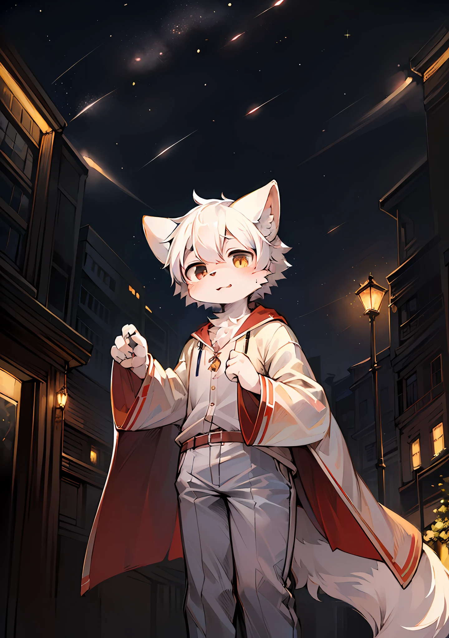 (Bright Environment: 0.8), Masterpiece, High Quality, Abstract Res, Digital Painting\(Artwork\), by Dagasi, Yupa, Kiyosan, (Anthro, Fluffy Fur, Character Focus: 1.1), Anthro Male Cat, Short Hair, Portrait , bright eyes, panorama, character focus. (Detailed background: 0.7), Furry, Furry male, Male focus, Anthr, (full body fur, fluffy big tail, white fur, white hair, black eyes: 1.2), (long canine, junior high school student, pure white robe, white trousers, white top: 1.2), (night, starry sky, shooting stars, lots of golden light spots, starry sky: 1.1)