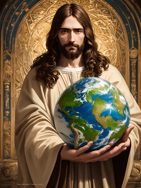 realistic masterpiece in 8k with perfect anatomy: jesus christ holding planet earth in one hand, with an undeformed face, cinema...