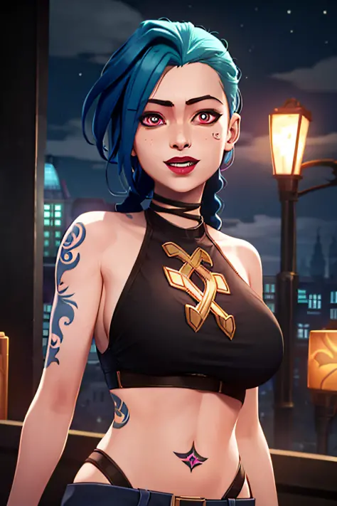 arcane style, 1girl, arm tattoo, asymmetrical bangs, bangs, blue hair, braid, brown shirt, cloud tattoo, looking at the viewer, laughing, crazy, uncontrollable laughter, crazy look, night, city, green hair, long hair, diaphragm, pink eyes, red lips, shirt,...
