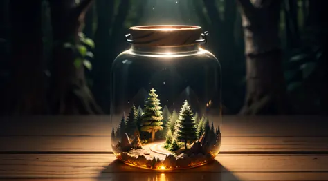(An intricate forest minitown landscape trapped in a bottle), atmospheric oliva lighting, on the  table, 4k UHD, dark vibes, hyper detailed, vibrant colours forest background, epic composition, octane render, sharp focus, high resolution isometric --auto