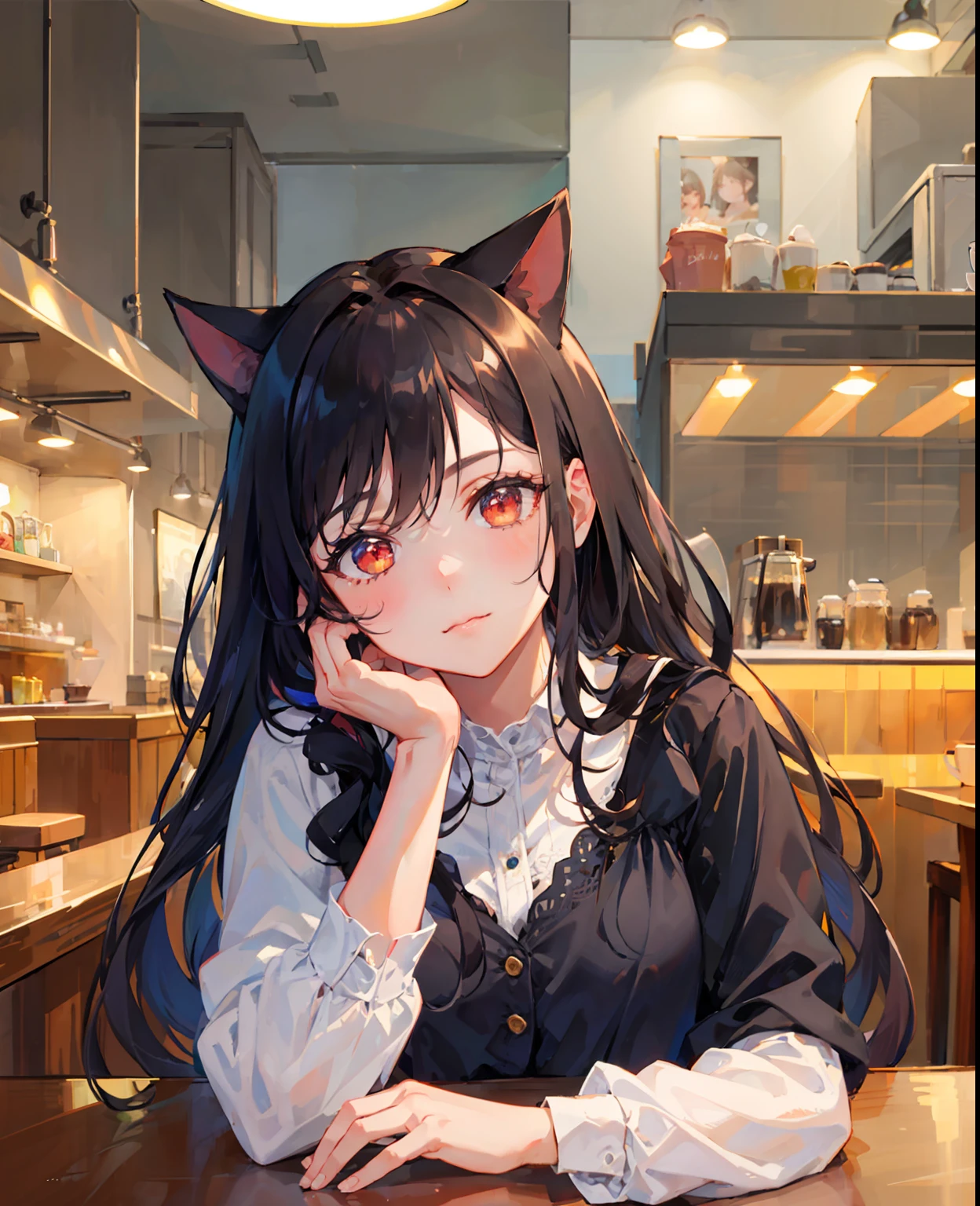 (masterpiece), (best quality), (intricate_details:1.1), (finely detailed:1.4), (distinct_image:1.2), (cafe background), solo girl, cute, (face focus), shiny red eyes/black hair, cat ears, vine, smooth lighting, shirt,