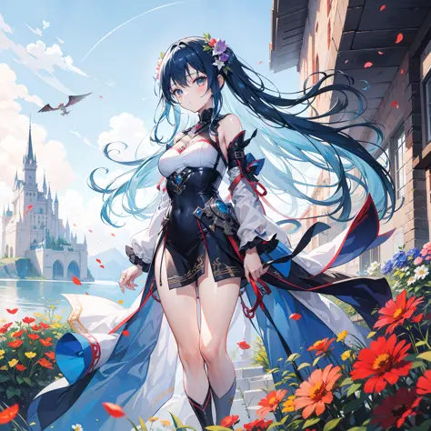 "A girl with blue hair in an open field, with flowers and a floating castle in the background, with griffons flying"
