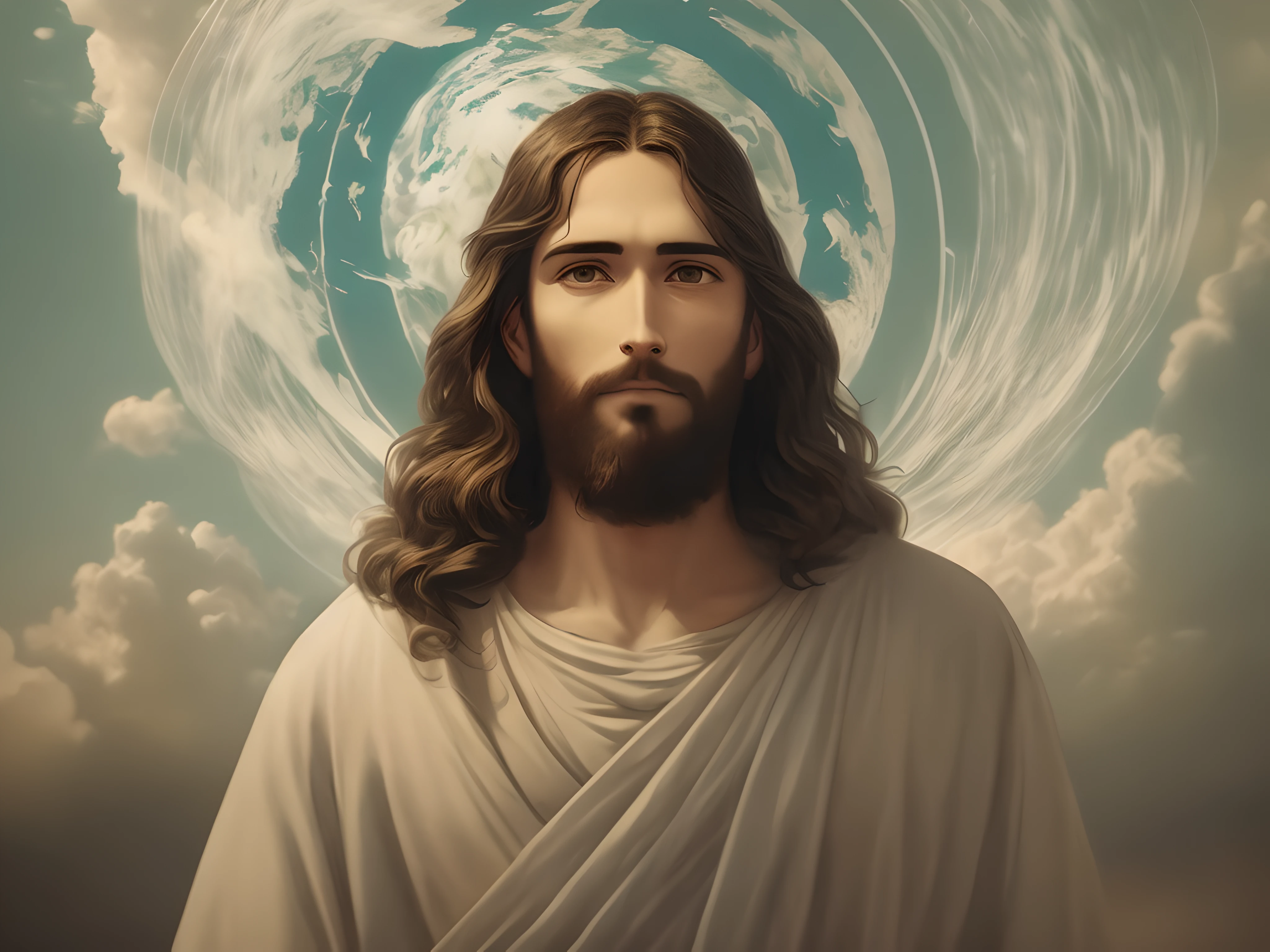 an image of Jesus towering in heaven looking at the earth, with an undeformed face, cinematic lighting, depth of field, bokeh, realism, photorealistic, hyperrealism, professional photography