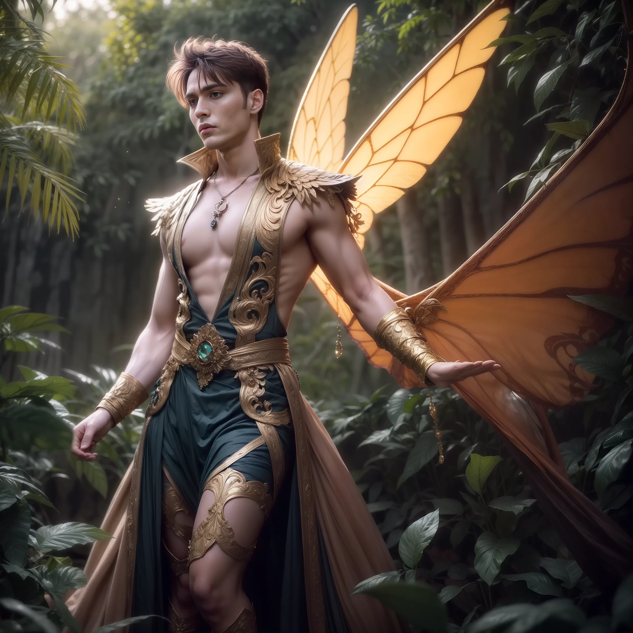 Beautiful male male fairy outfit, long clothes, full body, with orange and gold details, large wings, with butterflies flying through the nose, branches of plants rising up the cheekbones, delicacy, beauty, full body, lush vegetation blurred background, vibrant colors, lush light, soft light, sunset light, smooth light, symmetrical, full body, reflections, dynamic HDR lighting, 8k resolution,  cinematic film, smooth, sharp focus, realistic, strobe light beams, ((blurred background)):1.7, (((depth of field)) ):1.8, cinestill 800t 35mm, high quality, heavy grain, high detail, cinematic composition, dramatic light, anamorphic, ultra wide lens, hyperrealistic