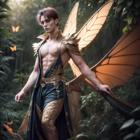 beautiful male male fairy outfit, long clothes, full body, with orange and gold details, large wings, with butterflies flying th...