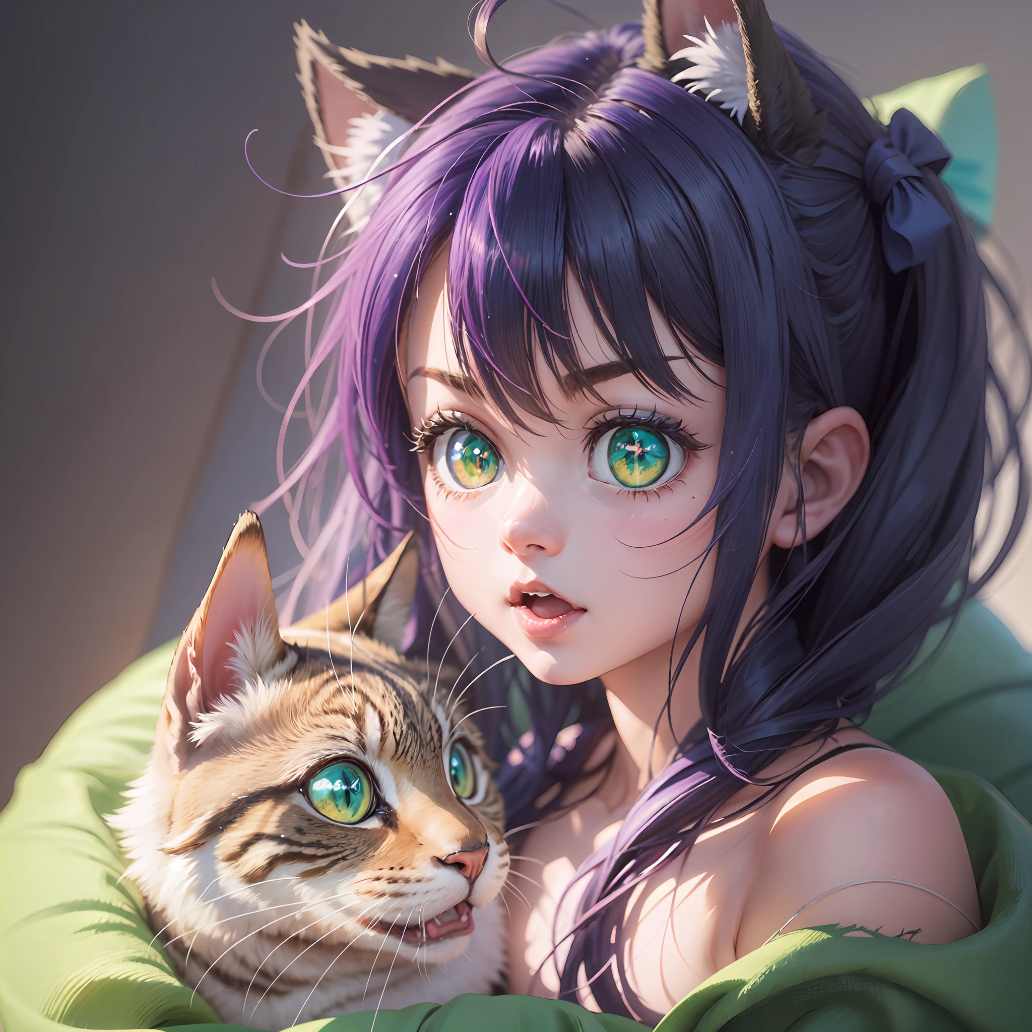 Chica anime con gato y ojos verdes recostada sobre una bolsa de frijoles. -  SeaArt AI