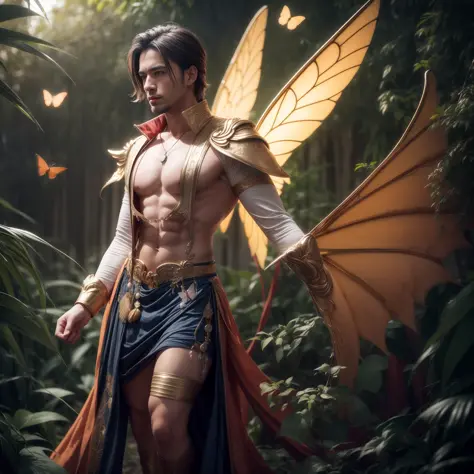 Beautiful male male fairy outfit, long clothes, full body, with orange and gold details, large wings, with butterflies flying th...