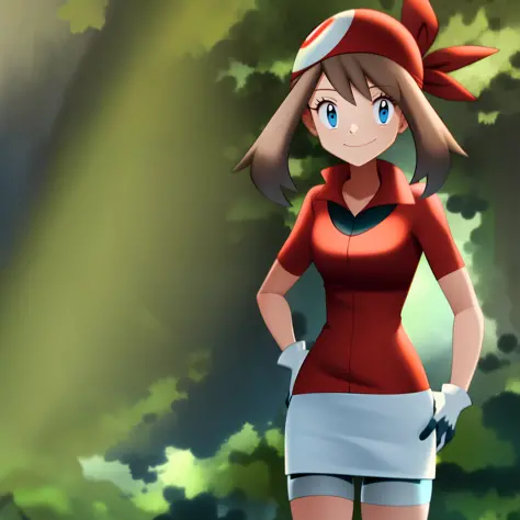 forest, light rays, 1girl, character_pokemon_may, solo, cowboy shot, standing, looking at viewer, smile, closed mouth, hand on h...