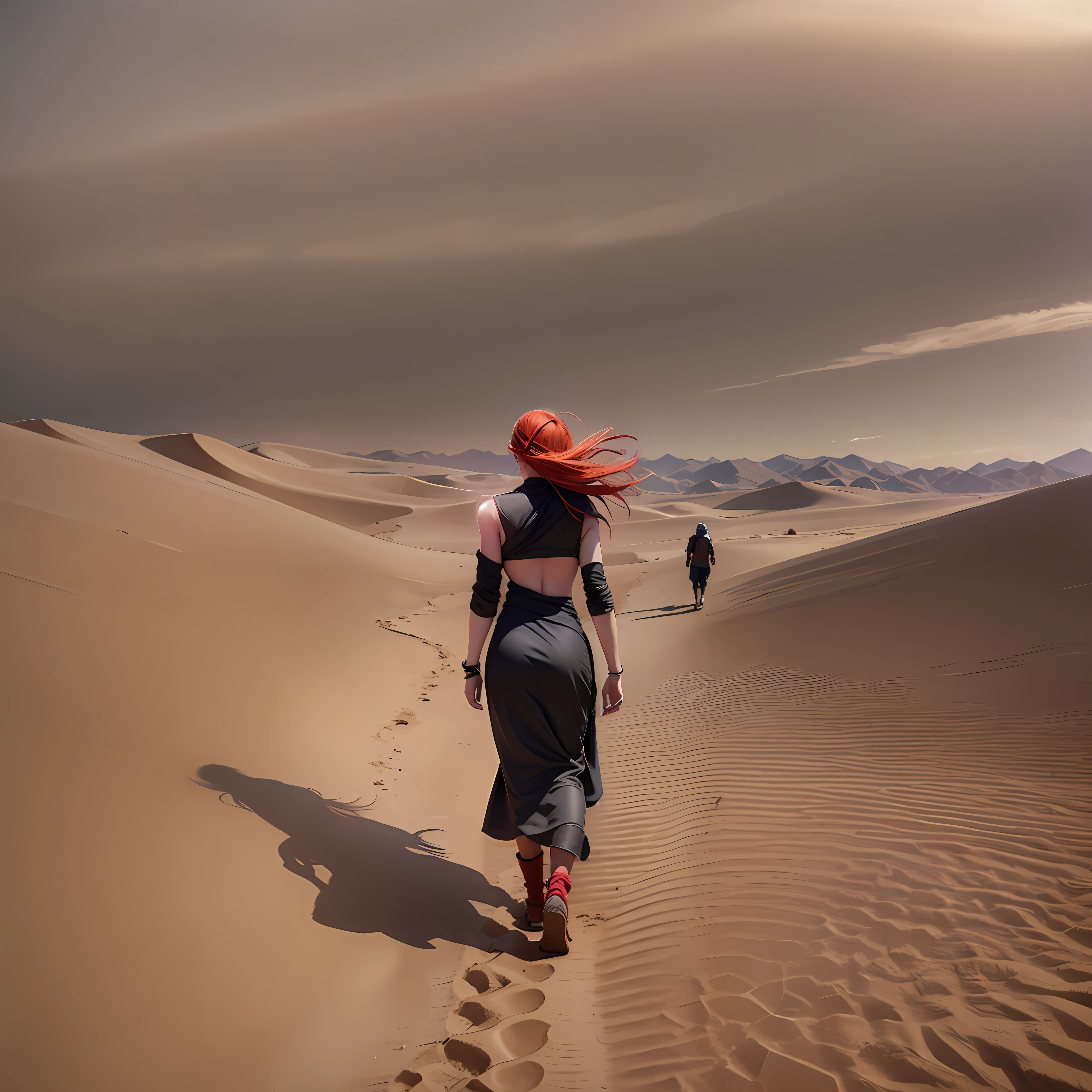 desierto, tormenta de arena, alta definición, Realista, mujer caminando, vista trasera de la mujer, cabello rojo, cabello suelto.