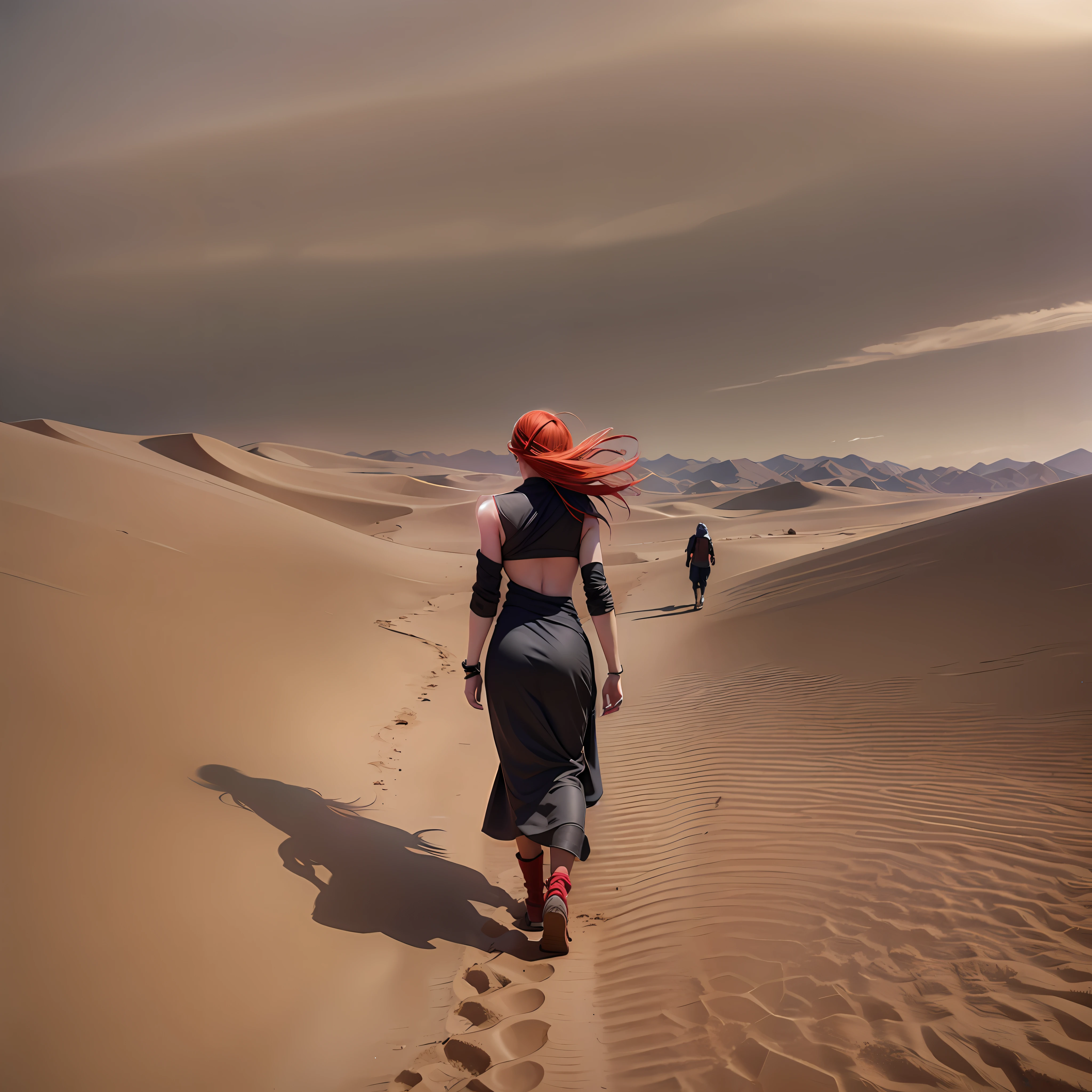 désert, tempête de sable, HD, Réaliste, Femme qui marche, vue arrière d&#39;une femme, cheveux roux, cheveux qui coule.