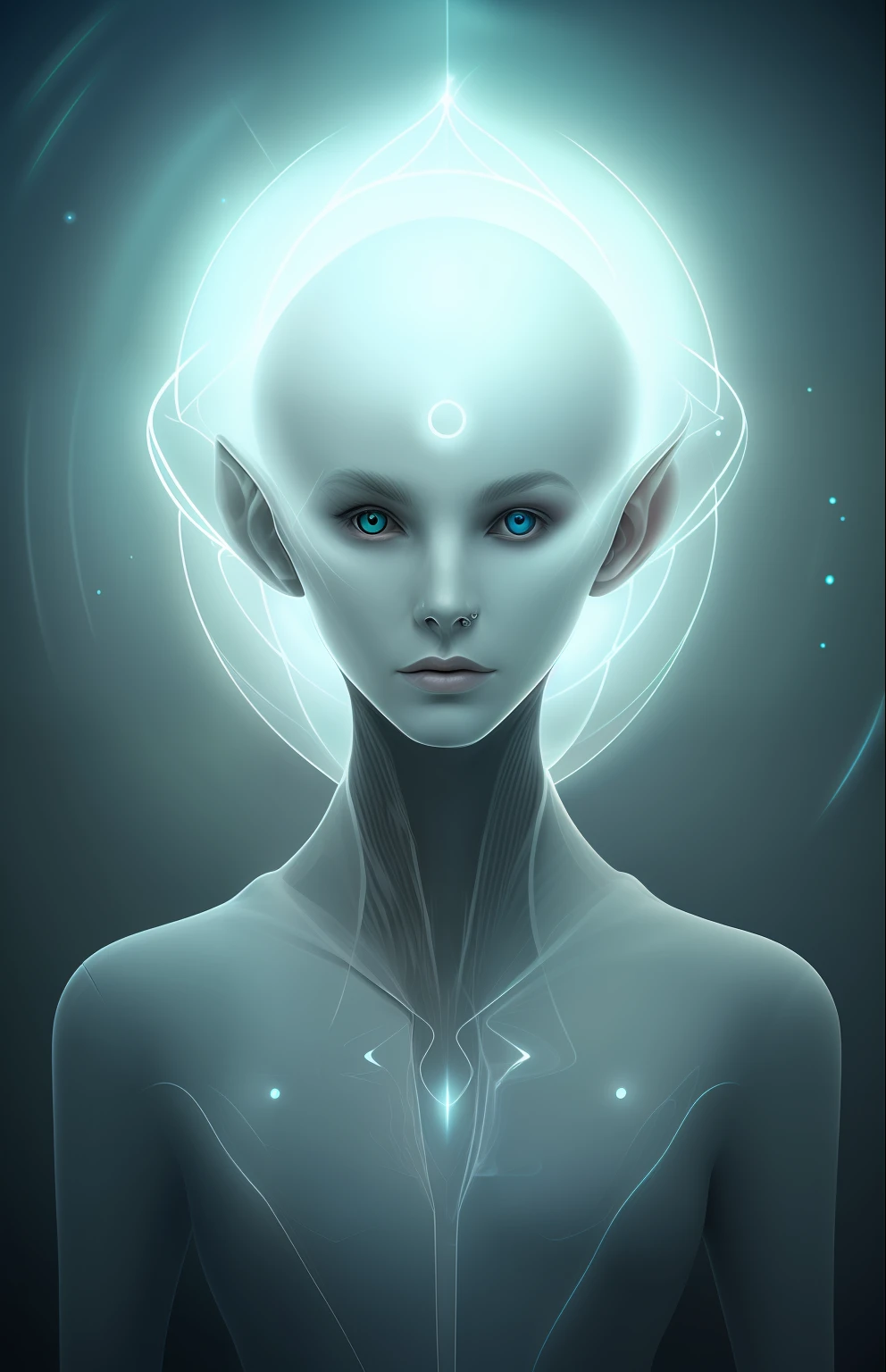 Ghostly portrait of a futuristic  alien from another dimension creator of the universe with powerful ancient magic unknown dimension girl