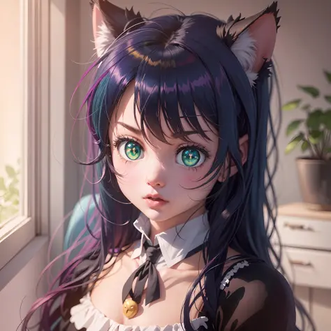 (full hd 4k), Anime girl from the anime "Show by rock" Blue, green eyes, black hair, black cat ears, sexy dress, jealous, red ch...