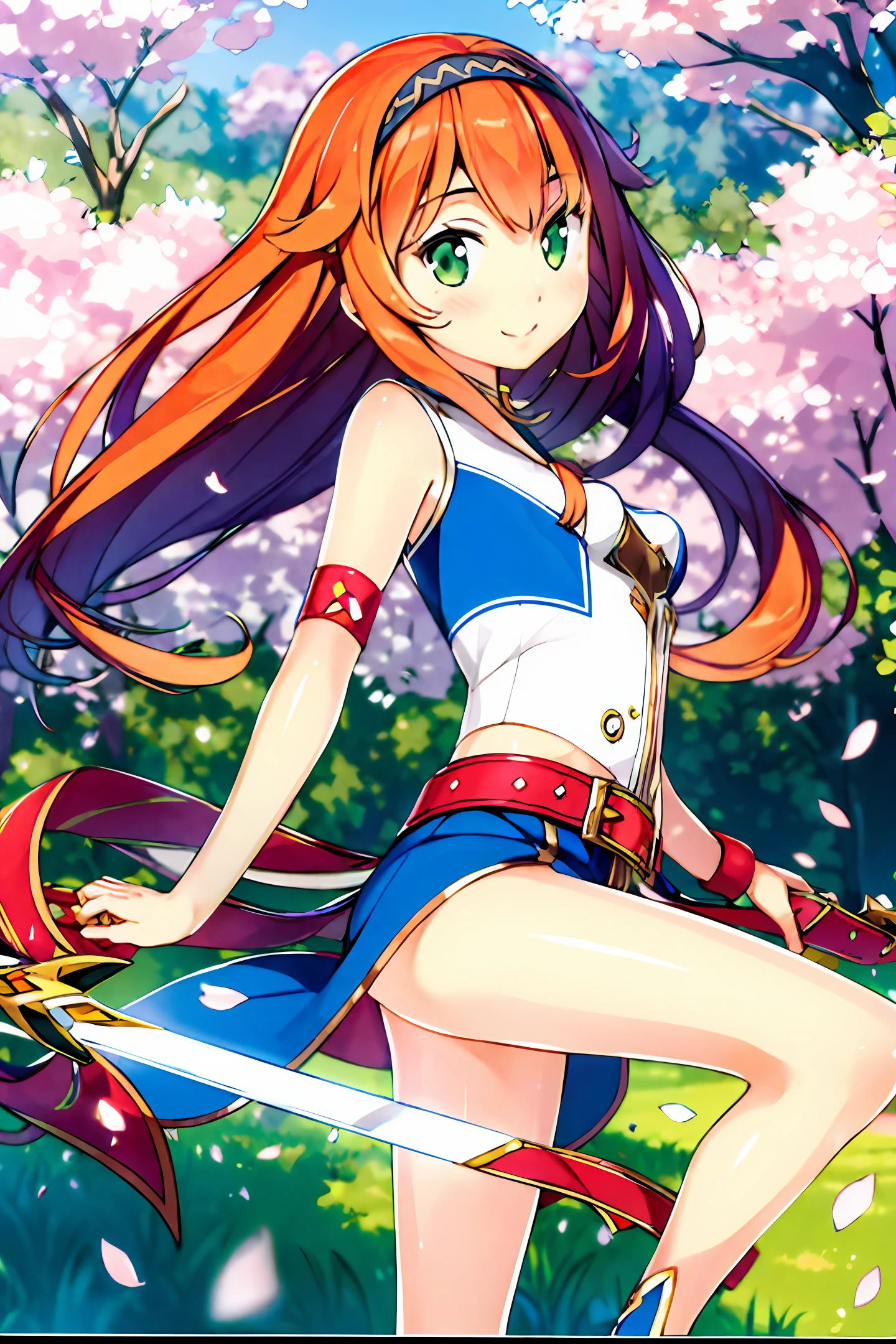 Elesis, grand chase \(game\),(legs,bare legs,thighs:1.2), 1girl, blue belt, cherry blossoms, green eyes, smile, hair entries, headband, jacket, long hair, looking at the viewer, red hair, warrior, sketch, sleeveless, armband, small breasts, smile, solo, portrait, ((masterpiece)), realistic, real, woman, alive, sword, artistic sword, sword, in hand, tip of sword catching fire,  Burning Sword Point