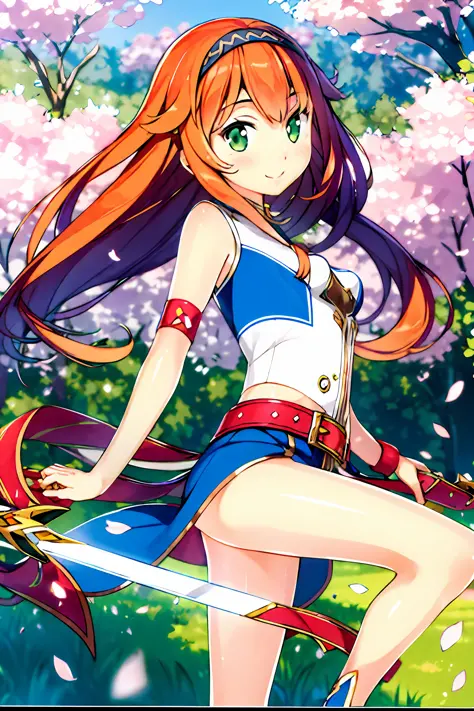 elesis, grand chase \(game\),(legs,bare legs,thighs:1.2), 1girl, blue belt, cherry blossoms, green eyes, smile, hair entries, he...