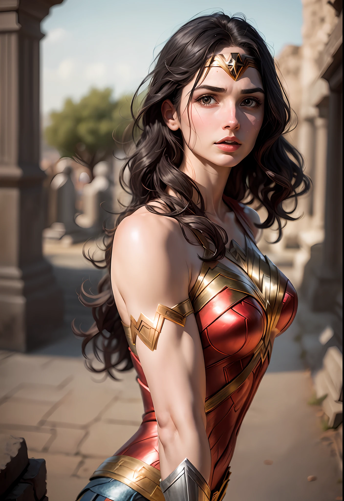 Gal Gadot, Wonder Woman, 20 years old, natural hair, realistic portrait, 4k, supreme detail, highly detailed, smooth, sharp focus, cinematic lighting, facing the camera, dark studio, rim lighting, two-tone lighting, poorly lit, discreet, full body, muscular body, realistic pose, back looking at the viewer, with detailed and proportional feet and hands, showing movement and expression,  standing, ancient greek ruins, lake, trees,