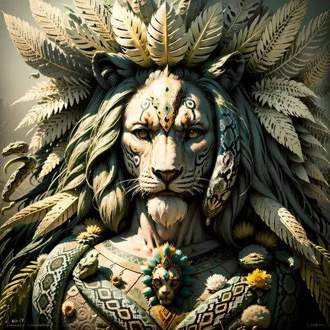 Lion ((Indian style)),,((meditative state),,((Leo head)) Shaman, elegant, hair with details, with Indian headdress on head, ((pr...