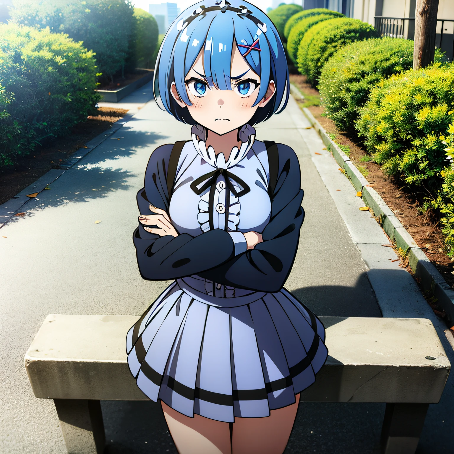 masterpiece, rem rezero, short blue hair, detailed eyes, angry face, top and skirt, casual oufit, crossed arms, legs apart, looking at the viewer,