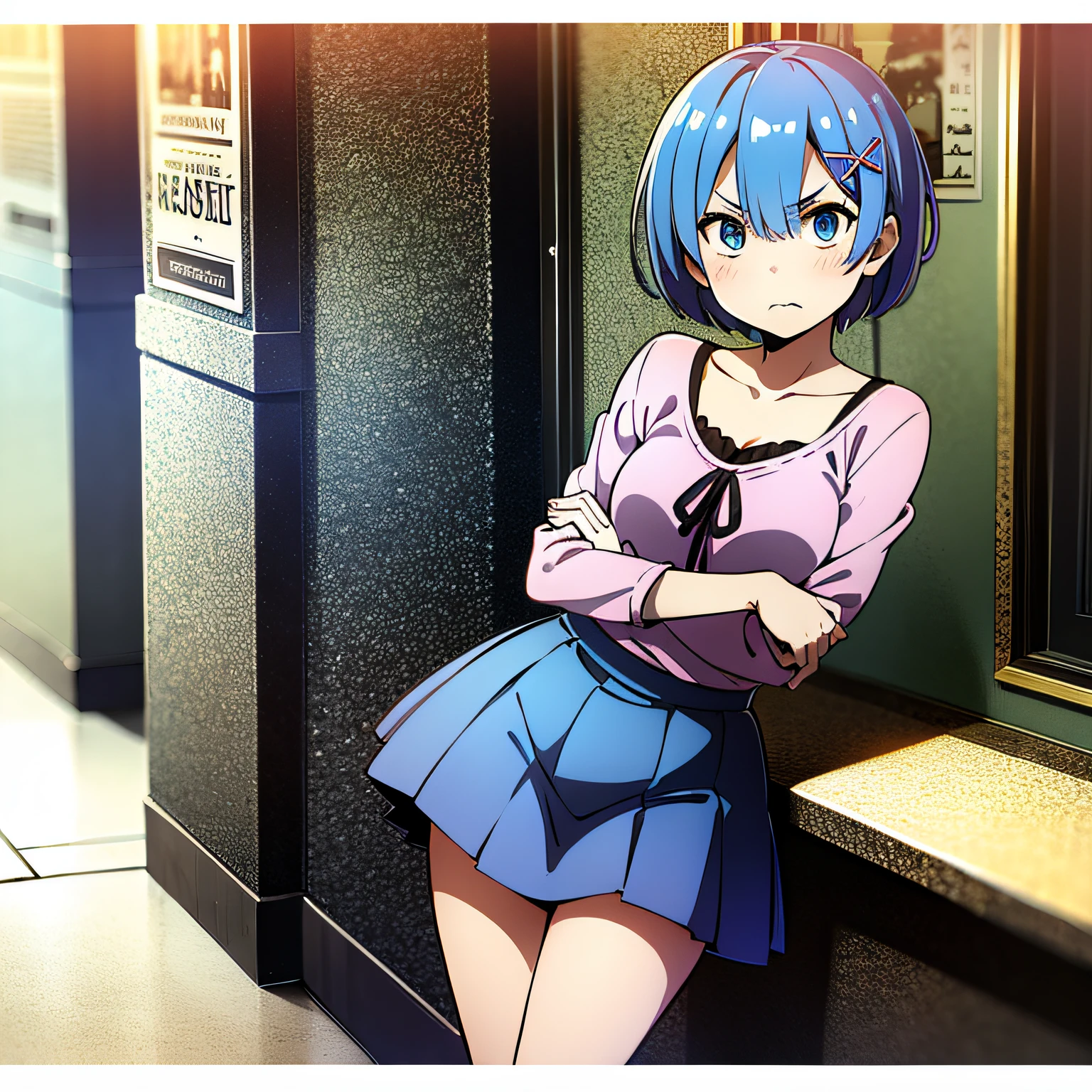 masterpiece, rem rezero, short blue hair, detailed eyes, angry face, top and skirt, casual oufit, crossed arms, legs apart, looking at the viewer,