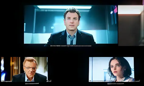 arafed screen showing a series of four people on a television, screenshot from a movie, movie shot, close up to the screen, uhd face details, uhd realistic faces, movie screen shot, ultrarealistic uhd faces, hyperreal movie shot, subtitles, raphael personn...