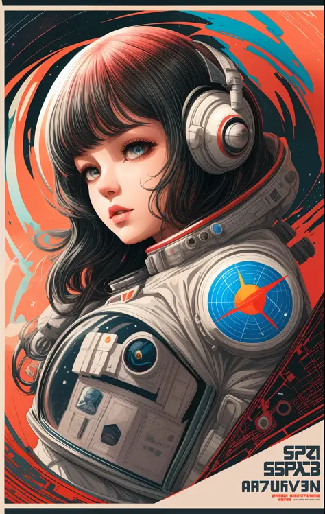 a projected abstract flat color vector (poster):1.2) with a (girl):2) in a (space suit):1.5), anime portrait Space Cadet girl, artgerm jsc, (Soviet style):1.2) cyberpunk, guweiz-style art art, retro sci-fi art, girl in space, soviet propaganda poster style...