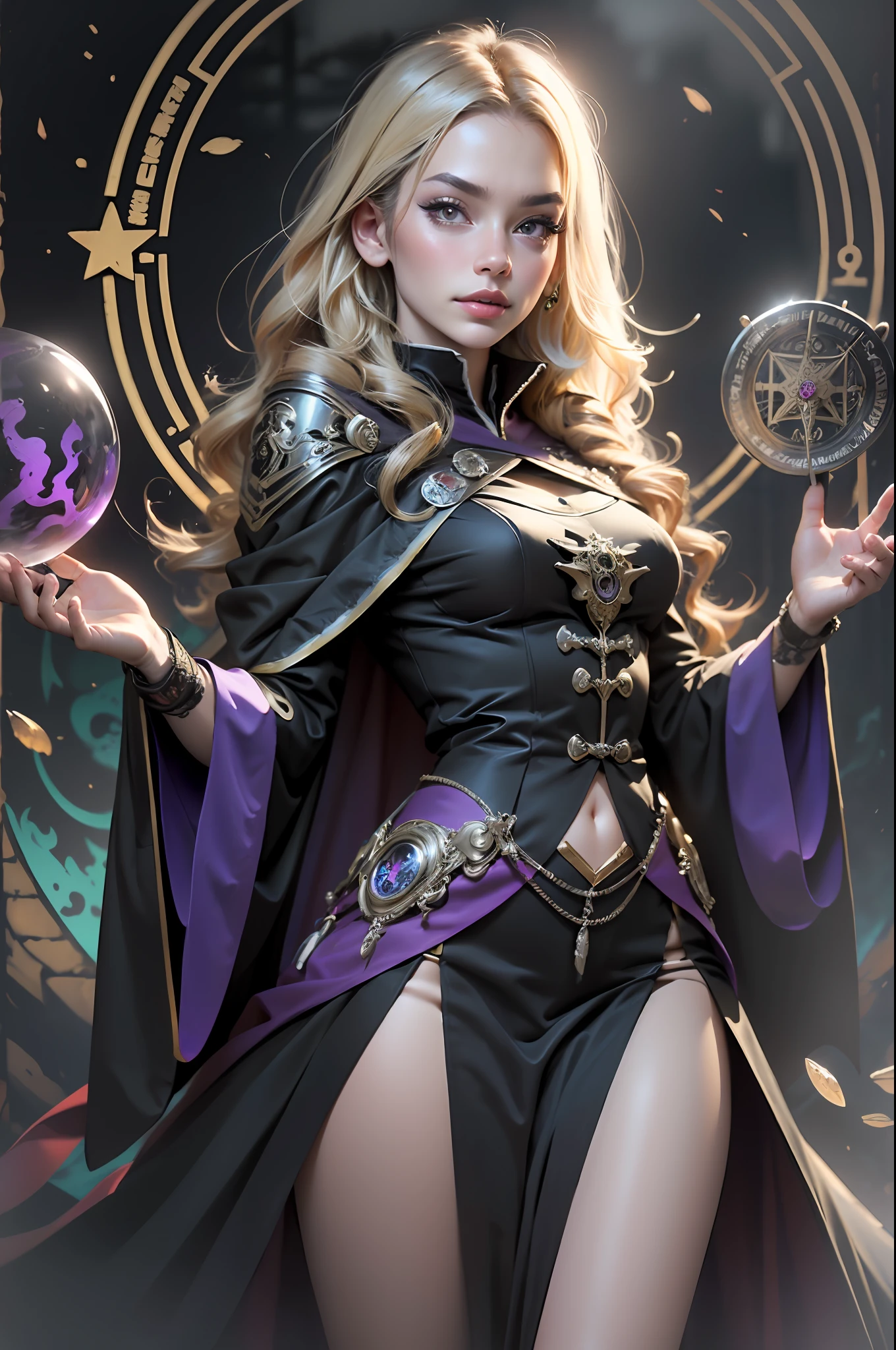 (((extremely detailed face))),(((best quality)))1 woman, 8k, a beautiful blonde sorceress in black clothing, black cape with purple details and high boot, standing on a platform, ((standing and front)), looking at the viewer, (extremely intricate robes, magic robes), more detail in the magic circle in the background, magic circle, casting a spell,  black aura,costume cloak, spell pose, female wizard conjuring a spell, magic, purple and black, night, purple star talisman, pores detailed, arms open