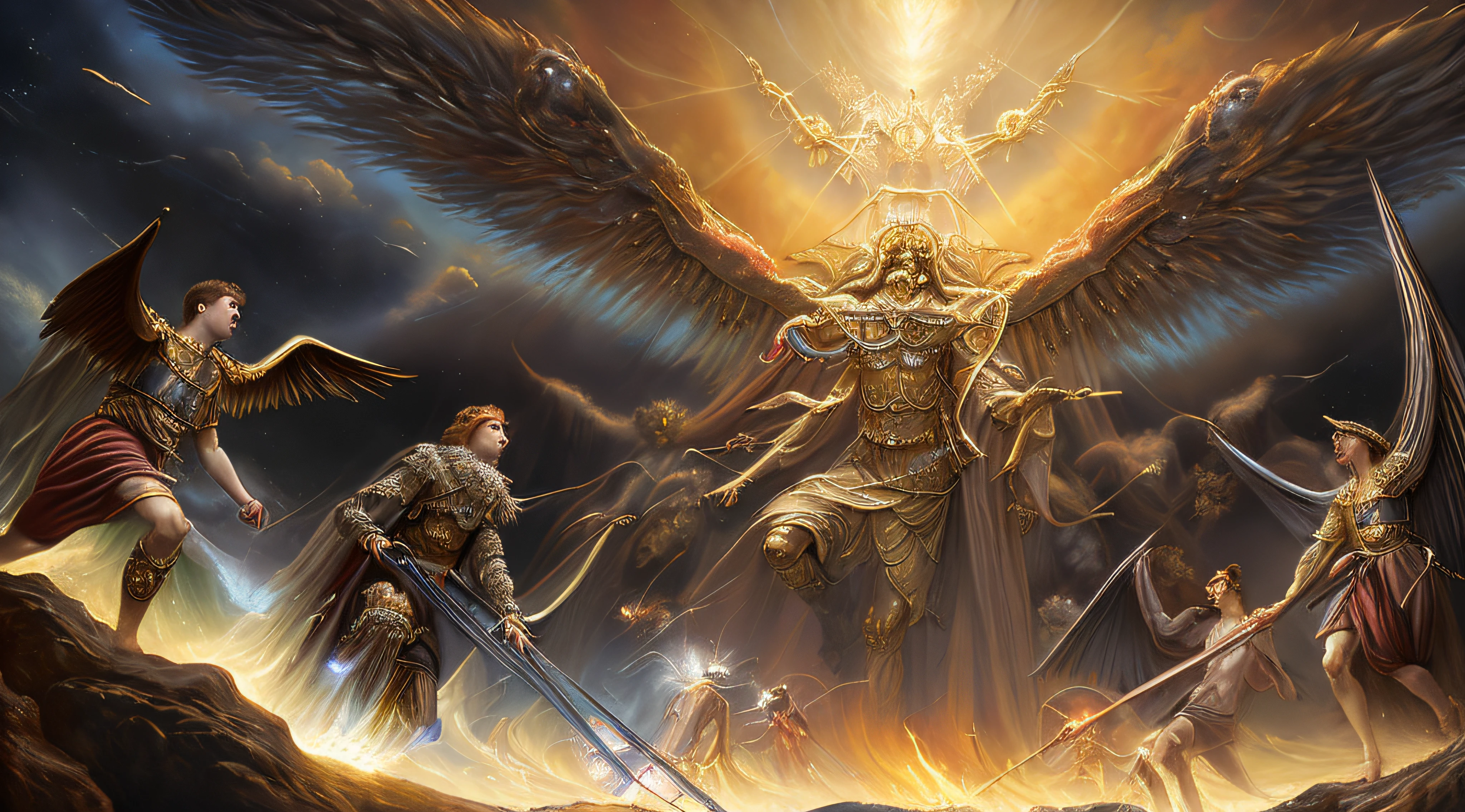 An ultra-realistic depiction of an epic battle between the Bible's Nephilim and giant aliens, with angels and archangels in full combat in the mighty heavens, showing every detail of divine beings and monstrous creatures, with intense lights and deep shadows, in an oil painting on canvas, --air 16:9 --v 5