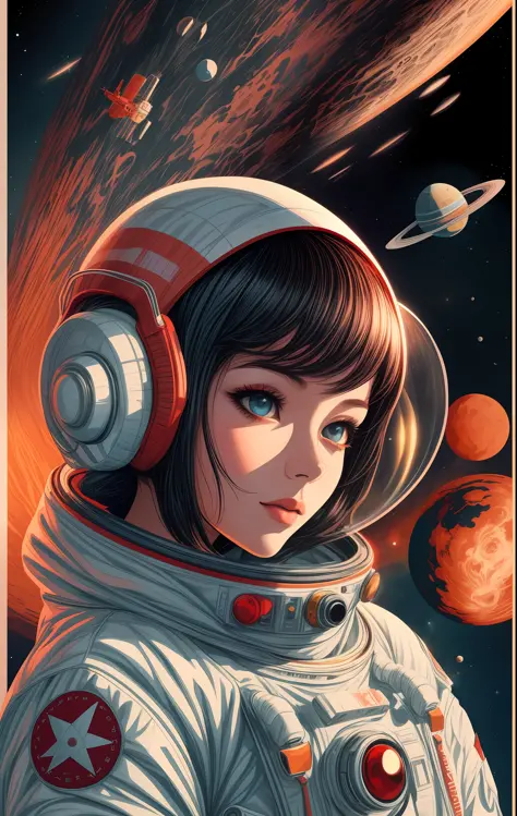 a projected abstract flat color vector (poster):1.2) with a (girl):2) in a (space suit):1.5), anime portrait Space Cadet girl, artgerm jsc, (Soviet style):1.2) cyberpunk, guweiz-style art art, retro sci-fi art, girl in space, soviet propaganda poster style...