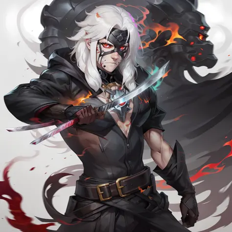 anime face white hair, red eyes, black fireball in hand, digital art, white hair, crimson red eyes, fire around, standing, neutr...