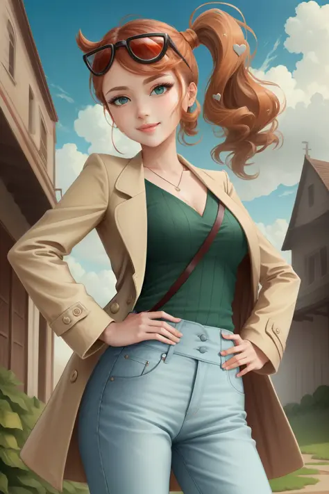 (masterpiece, best quality:1.2), cowboy shot, solo, 1girl, sonia, smile, looking at viewer, hand on hip, side ponytail, heart hair ornament, eyewear on head, brown trench coat, pants
