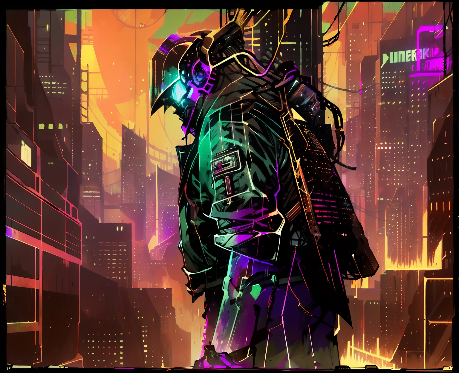 Make an art with cyberpunk environment, with a character in the middle, strong man on his back with brown hair, cyberpunk jacket, in a cyberpunk world, at night, on top of a building, with holograms and buildings in the background, and ships, HD, super detailed, hyper-detailed, beautifully colored, insane detail, 4k, 8k, 4k, UHD, beutiful lighting